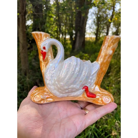 Vintage 1950s Lusterware Swan Planter With Vases - Picture 7 of 13
